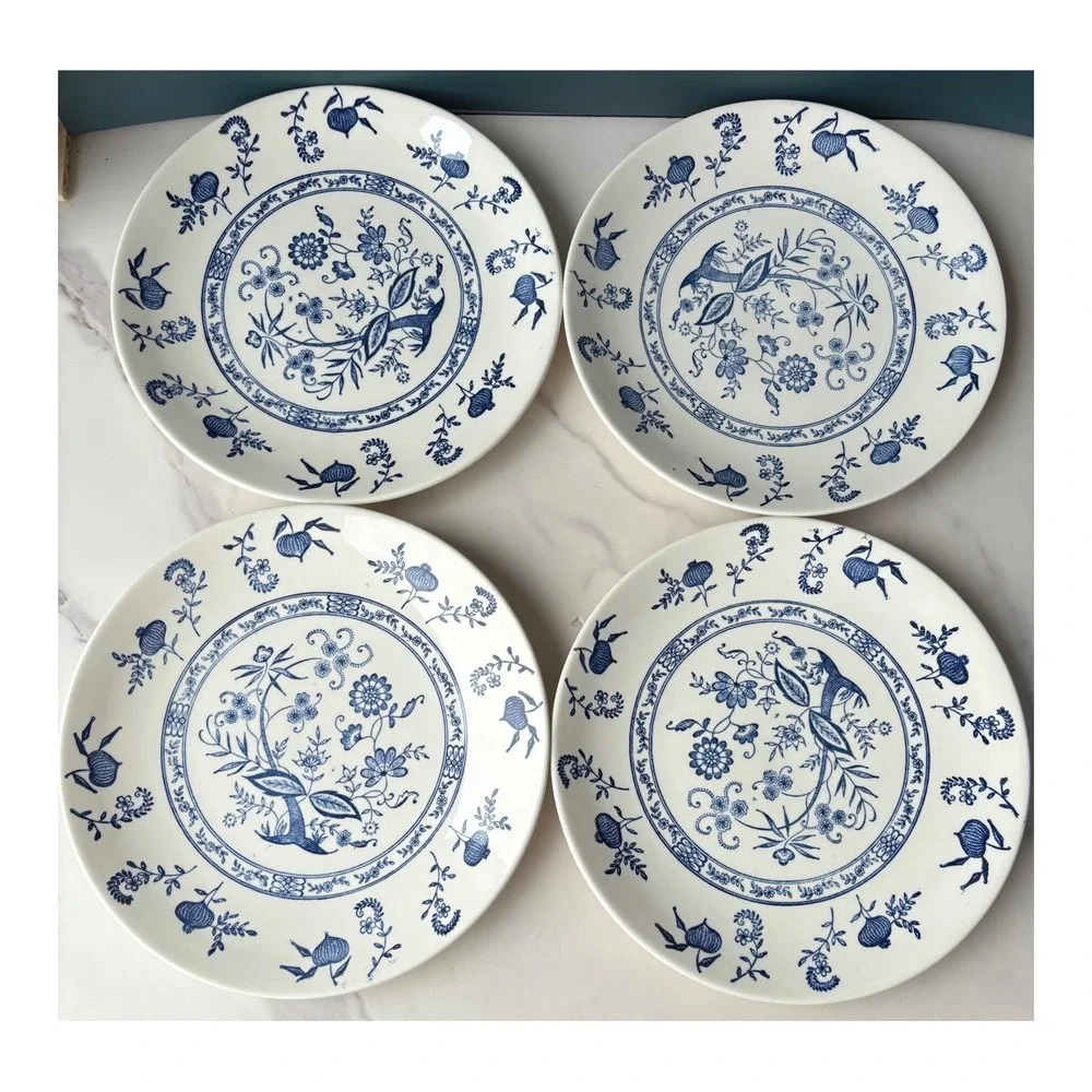 Vintage Blue Onion Scio USA Dinner Plates Set of 4 White Ceramic 10 in